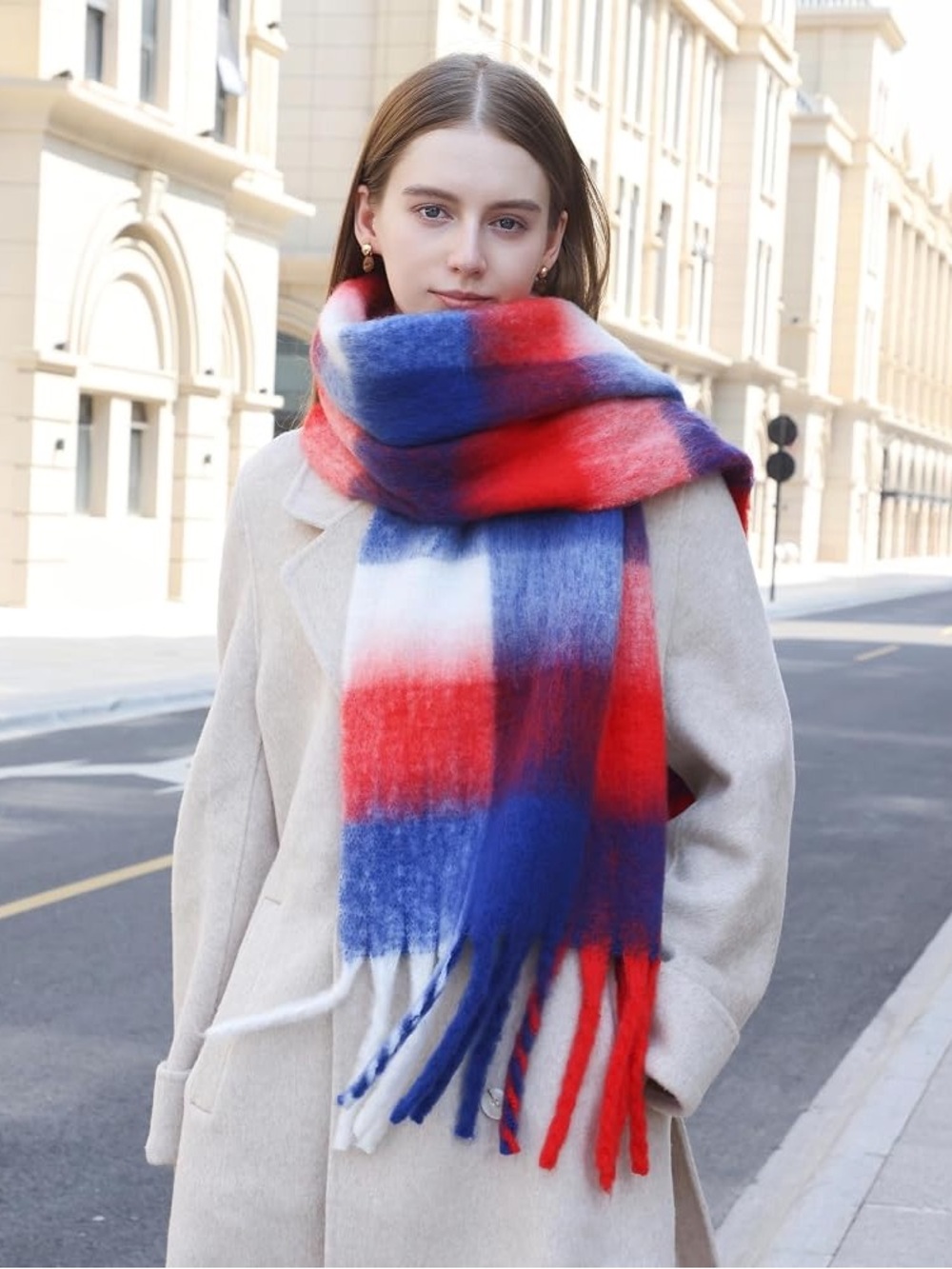 Wander Red, Blue & White Plaid Fringe Scarf